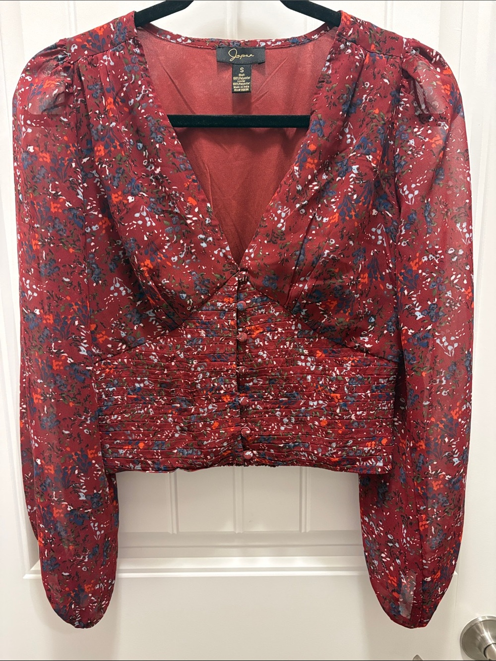 Japna Small Floral Ruched Blouse Sheer Puff Sleeve Romantic Boho Top